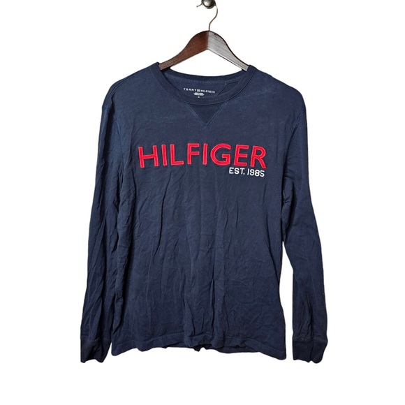 Tommy Hilfiger Embroidered Logo Navy Crewneck Long Sleeve Shirt - Picture 2 of 6
